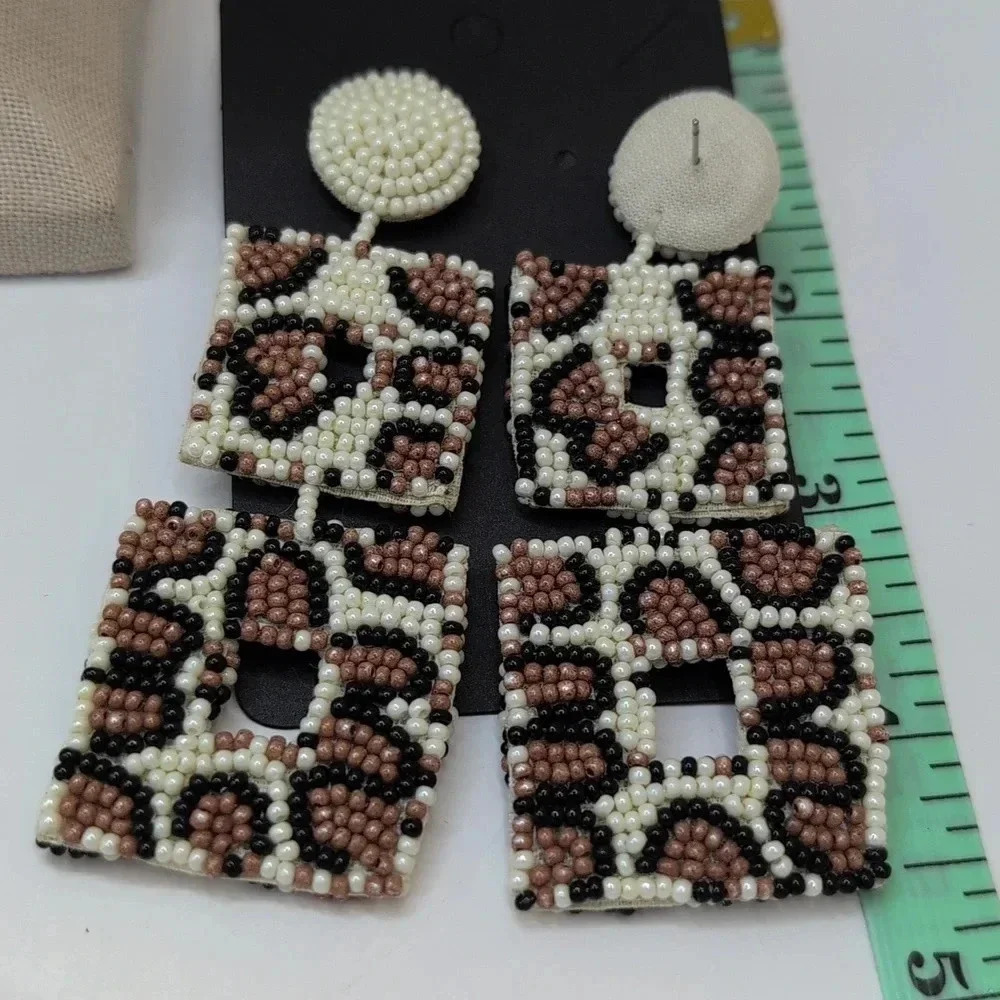 Beaded Leopard Print Statement Earrings | White Mauve Pink Brown - Picture 3 of 5